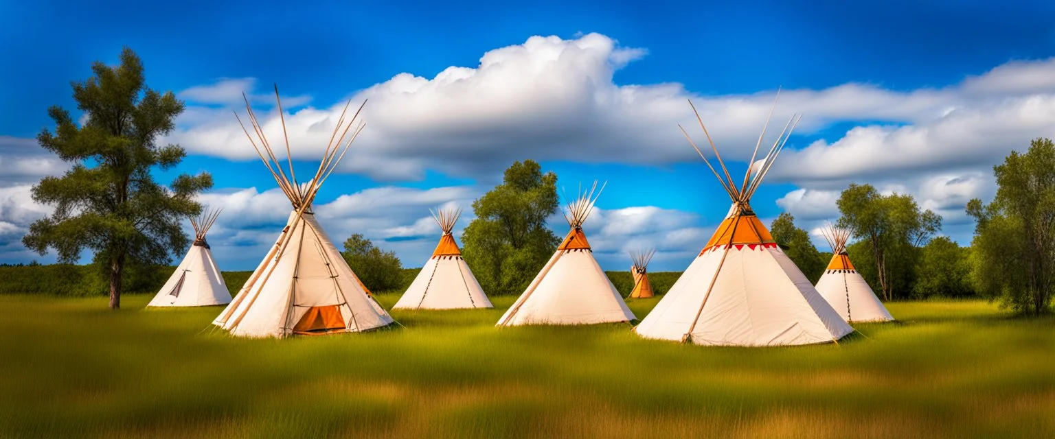Prairie landscape, living skies, 1 large teepee and 3 smaller teepees, near trees, historically authentic, summer