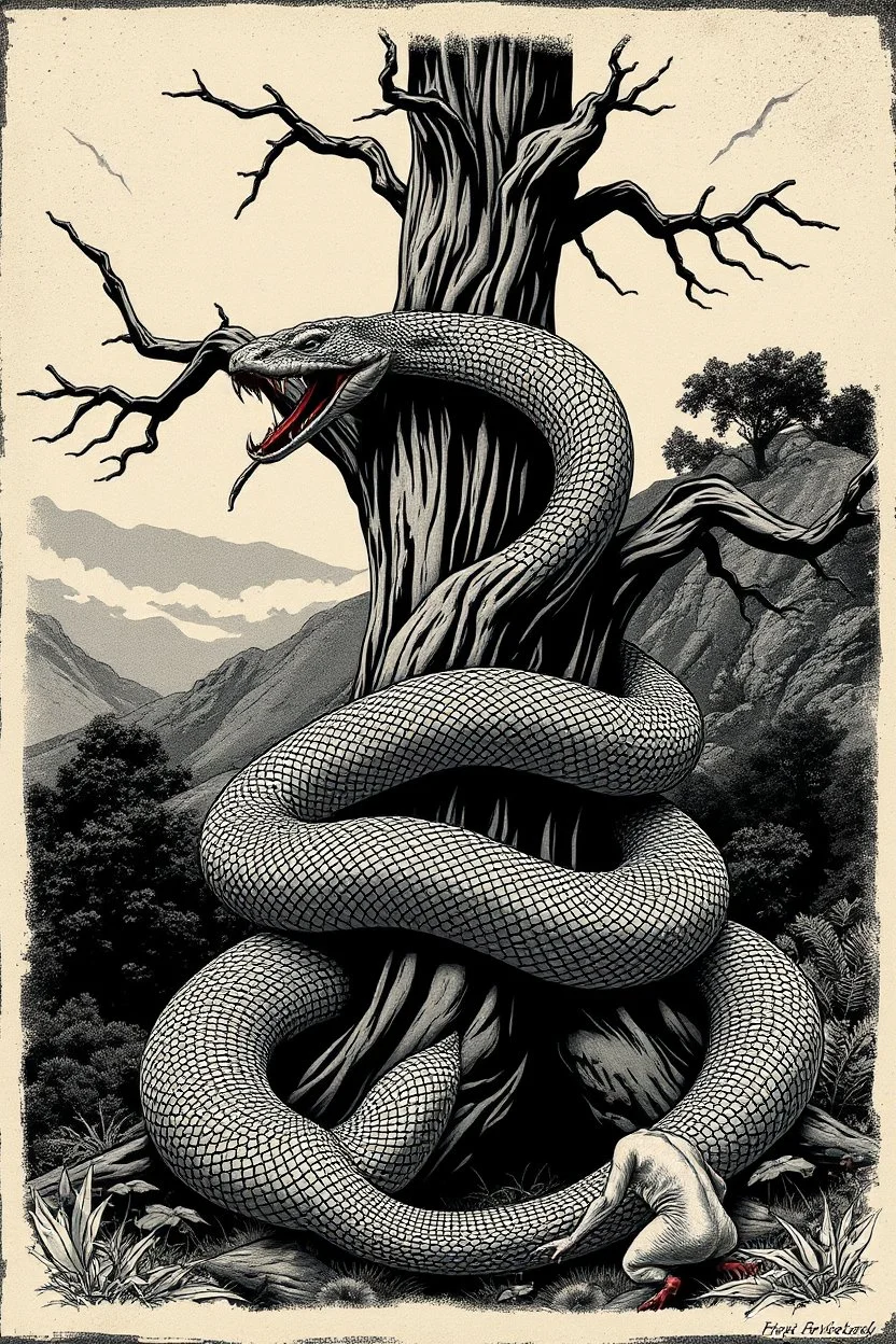 "image_description": "overall_scene": "A vintage-style monochromatic illustration depicting a giant snake against a vast, atmospheric landscape backdrop.", "foreground": "serpent": "description": "A giant snake coils around a giant tree. Its scales are highly detailed, and its form is imposing and powerful.", "details": "The snake's body is wrapped around the thick branches of the tree, illustrating its immense size and strength." "background": "landscape": "descrip