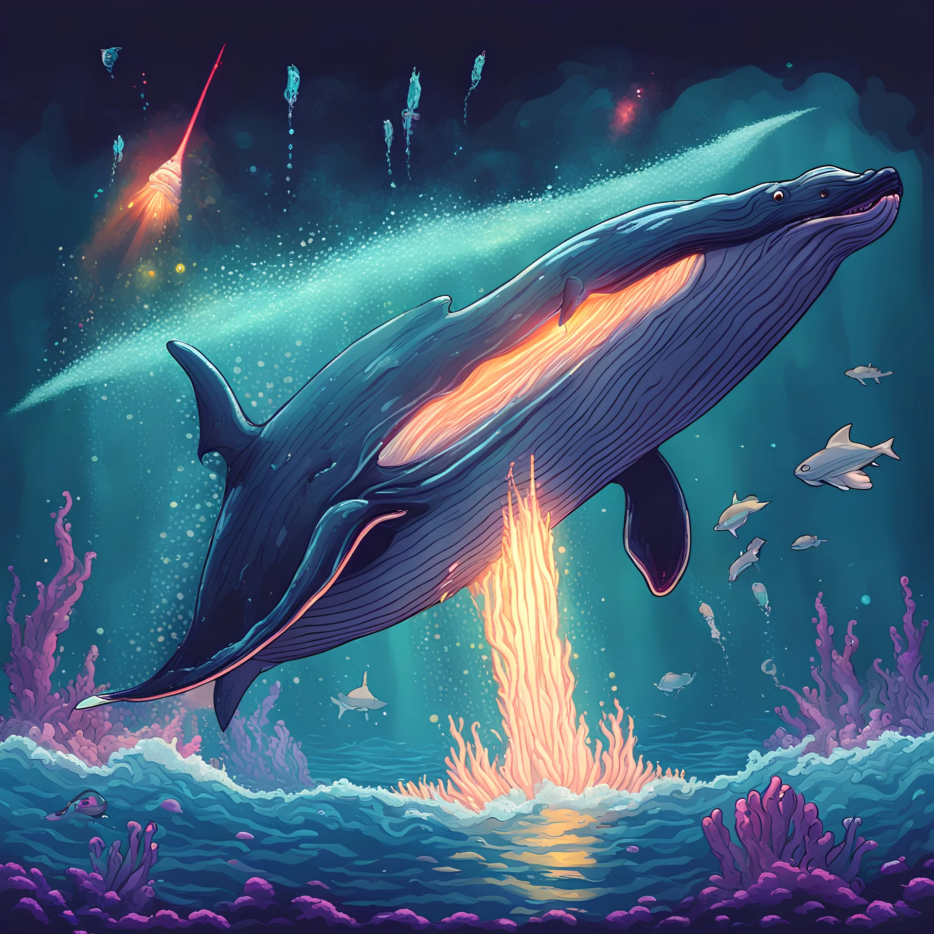 Dreamcore. Underwater. Whale shooting lazer beams. Cartoon. Pixel.