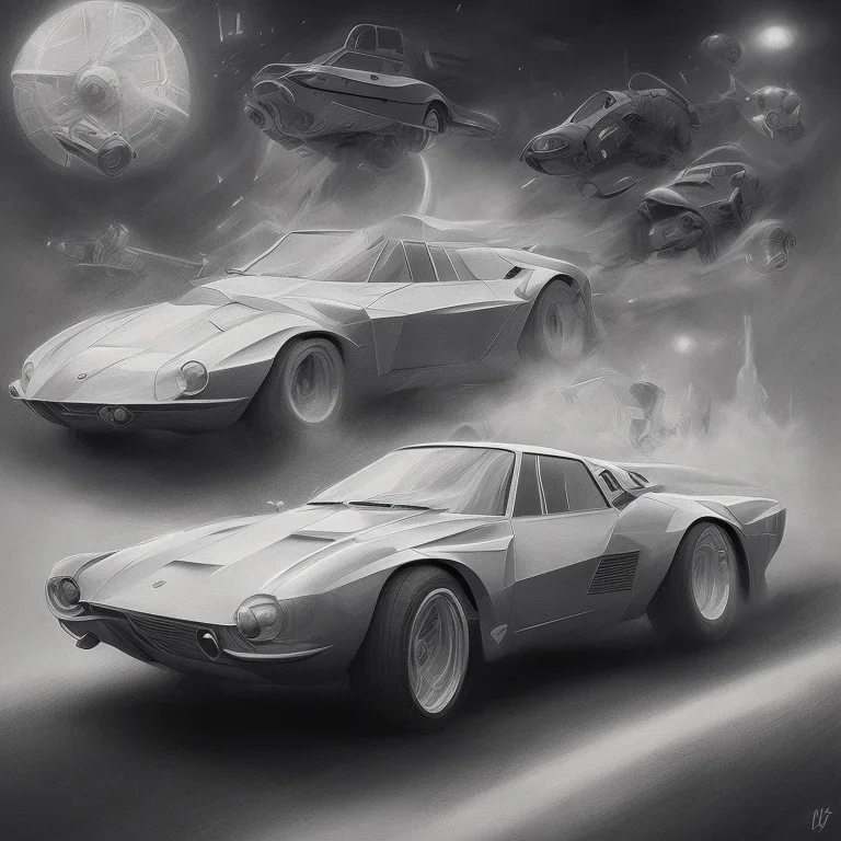 technical concept study, pencil sketch, sigle digital, inspired from Vintage Lamborghini car