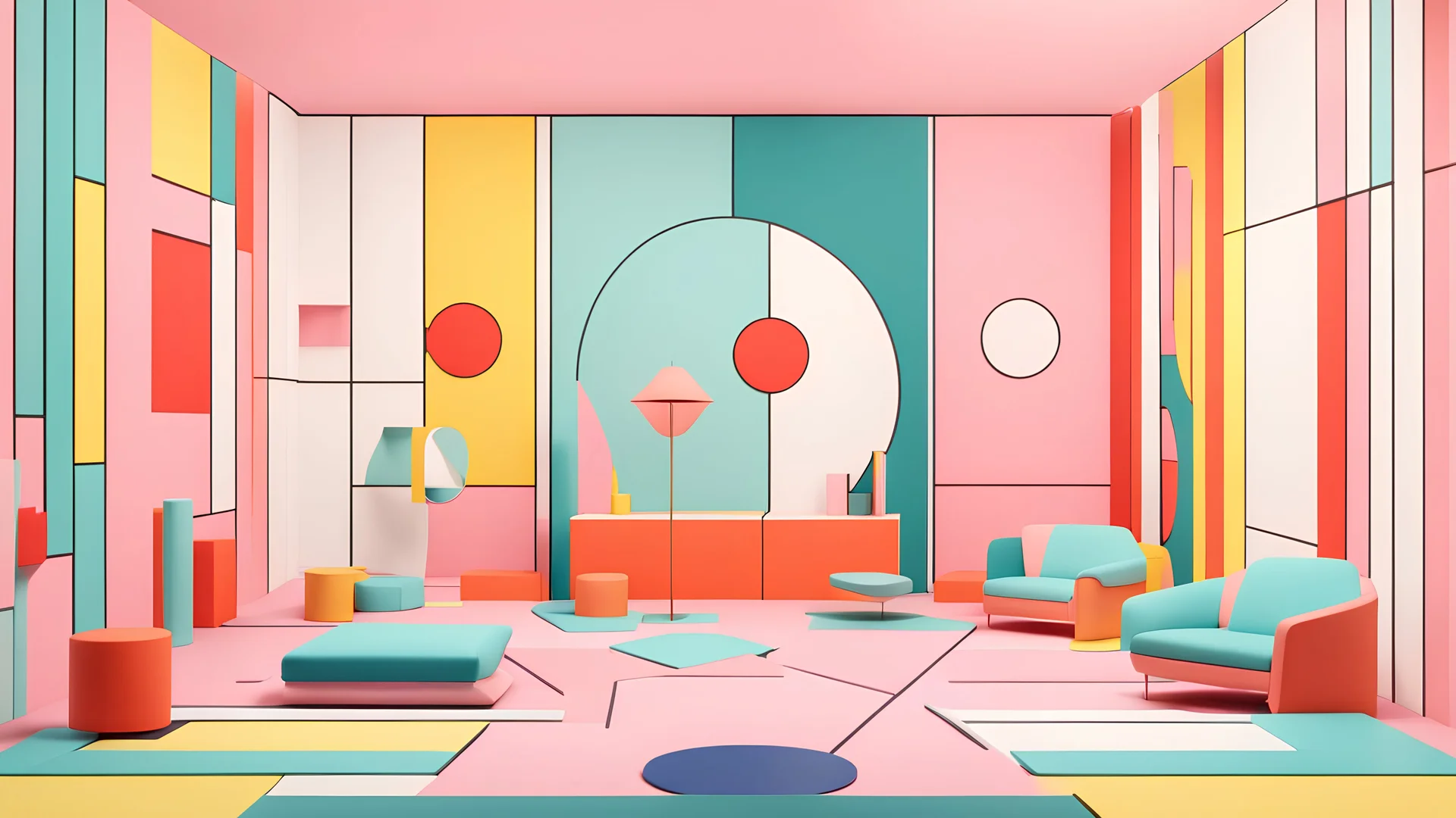From a wide shot, you can see the vibrant scenery of the De Stijl-style talk show. Pastel colors and defined geometric shapes blend harmoniously, creating a dynamic and modern atmosphere. Focusing on specific details of the scenery, the camera highlights the geometric patterns and bright colors characteristic of the Suprematism style. The lighting highlights the uniqueness of each element. The camera pans, showing the complete set of Deconstructivism scenography. From the chairs to the backgroun
