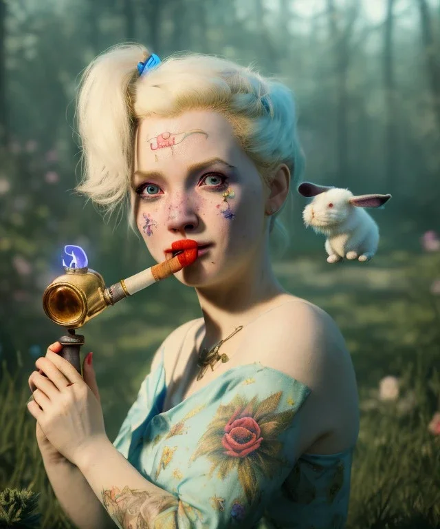 Ultra realistic wonderland photo, happy blonde woman smoking a pipe, blue dress, white rabbit pet, circus dress style, old school tattoo, smoke, marijuana garden, glow eyes, perfect iris, soft color, highly detailed, unreal engine 5, ray tracing, RTX, lumen lighting, ultra detail, volumetric lighting, high definition.