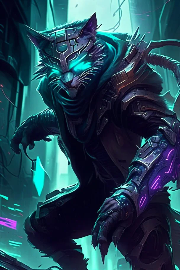 Rengar from league of legends in style cyberpunk, hunting his enemy