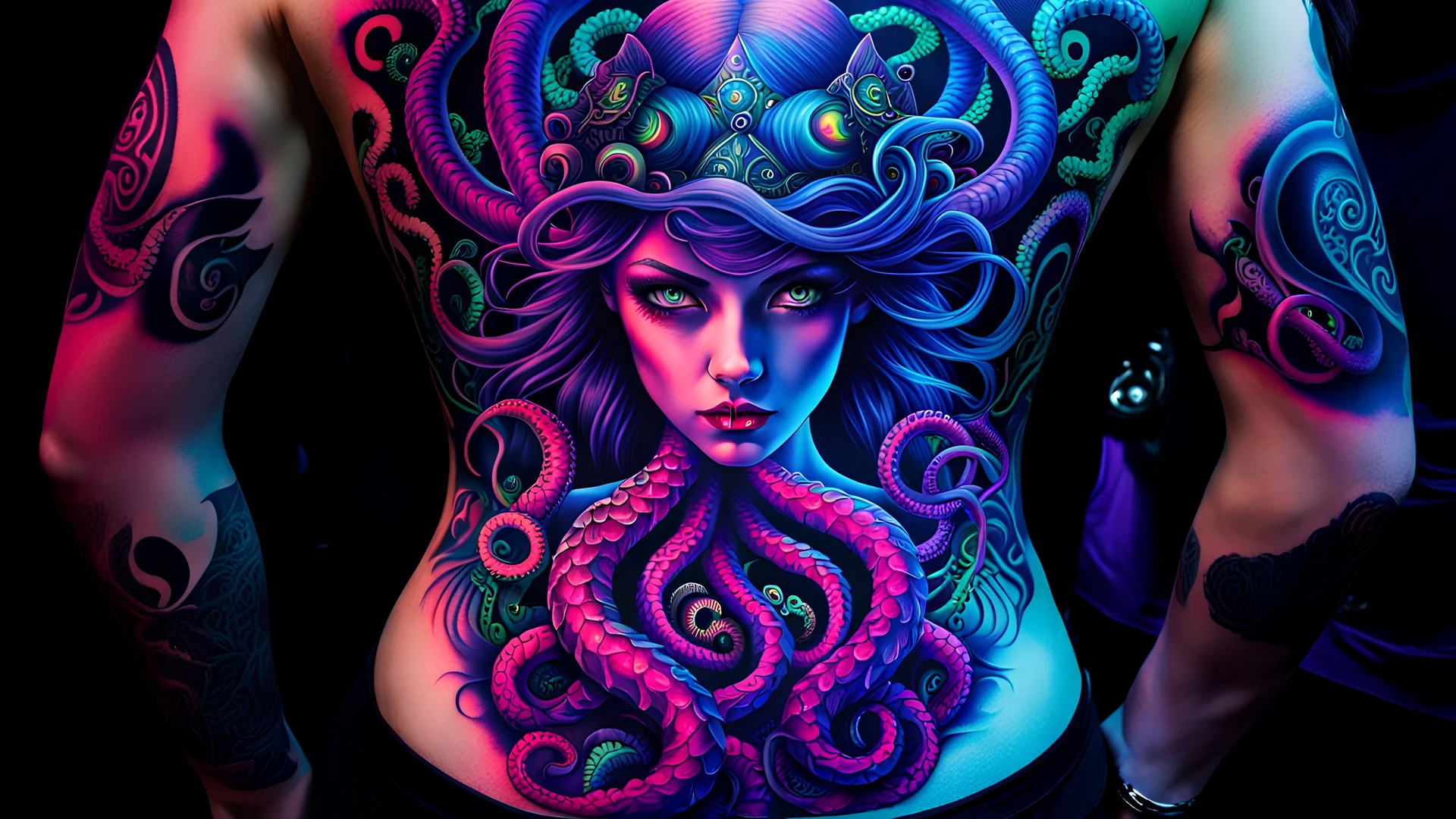 An amazing dark psytrance art tattoo of Twisted Alice against Cthulu tentacles on a human back, on a dark background under UV light, vivid and vibrant neon tattoo ink, detailed, intricate, high contrast.