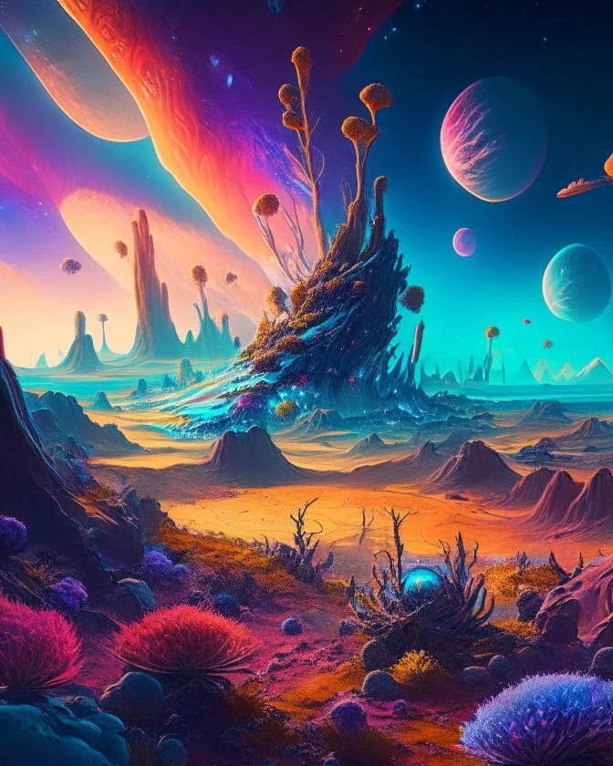 A breathtaking panorama of an alien landscape, with towering crystalline formations, glowing flora, and a vast, multicolored sky filled with celestial wonders. The scene is filled with a sense of awe and mystery, inviting the viewer to explore the uncharted terrain and ponder the unknown. 16K resolution, vivid colors, and imaginative details make this image a feast for the eyes.