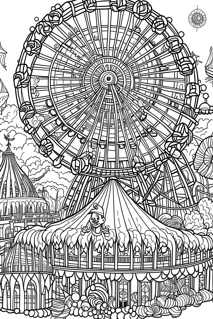 A haunted carnival with ghostly rides, creepy clowns, and a ferris wheel. Outline, sketch style, only use outline, mandala style, clean line art, white background, no shadows, no clear wall, coloring page.