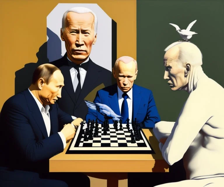 Putin, President Xi Of China And Joe Biden Play Chess With A Pigeon,Complex Surgical Instruments,A Newborn Boy,Minimalism,Painting By Lucian Freud,Rene Magritte,Adrian Ghenie,Michelangelo,Salvador Dali,Pablo Picasso