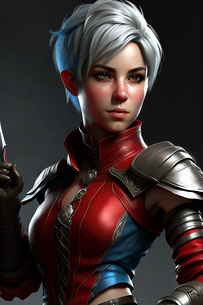 create an adult female air genasi from dungeons and dragons, dark gray short hair, light blue eyes, wind like hair, wearing red leather clothing, realistic, from waist up, digital art, high resolution, strong lighting