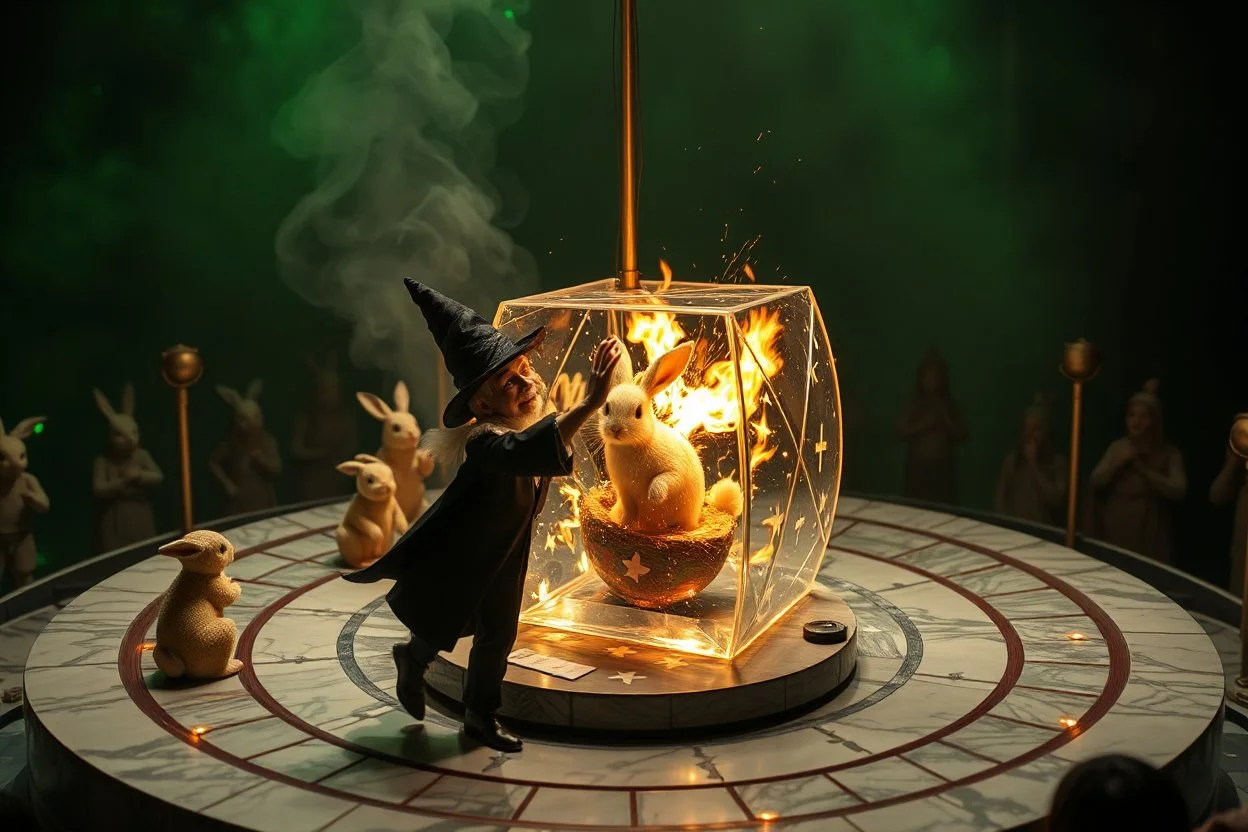 ai magic show on marble labyrinth merrygoround presentation wow effect smoke bunnies awesome awesome gaffa tape dwarf magician with scary hat on awake within a dream inside a circular saw blade Alice in wonderland and cards with crosses and bunny inside a big transparent dice with fire tornado splashing in it all contained within a circle that has only green starry color on its background outside and the weirdest screaming audience