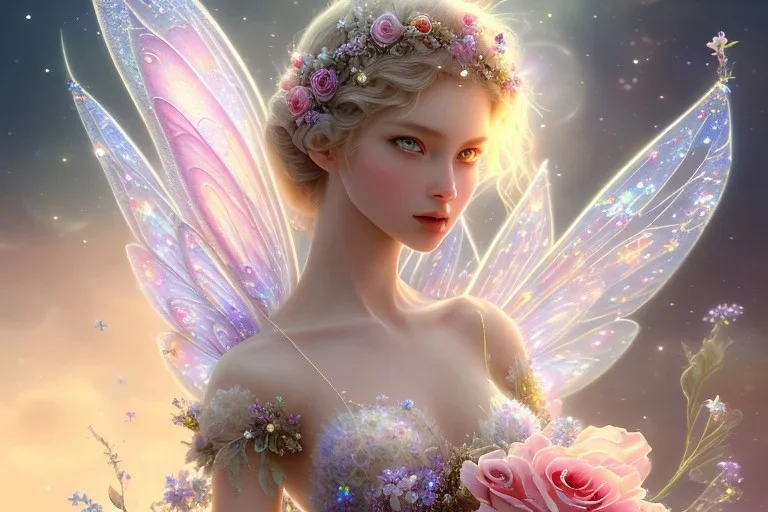 one very little beautiful fairy on a big crystal subtle flower in a galactic ambiance, transparent petals, delicate colors, in the foreground, full of details, smooth, bright sunshine，soft light atmosphere, light effect，vaporwave colorful, concept art, smooth, extremely sharp detail, finely tuned detail, ultra high definition, 8 k, unreal engine 5, ultra sharp focus