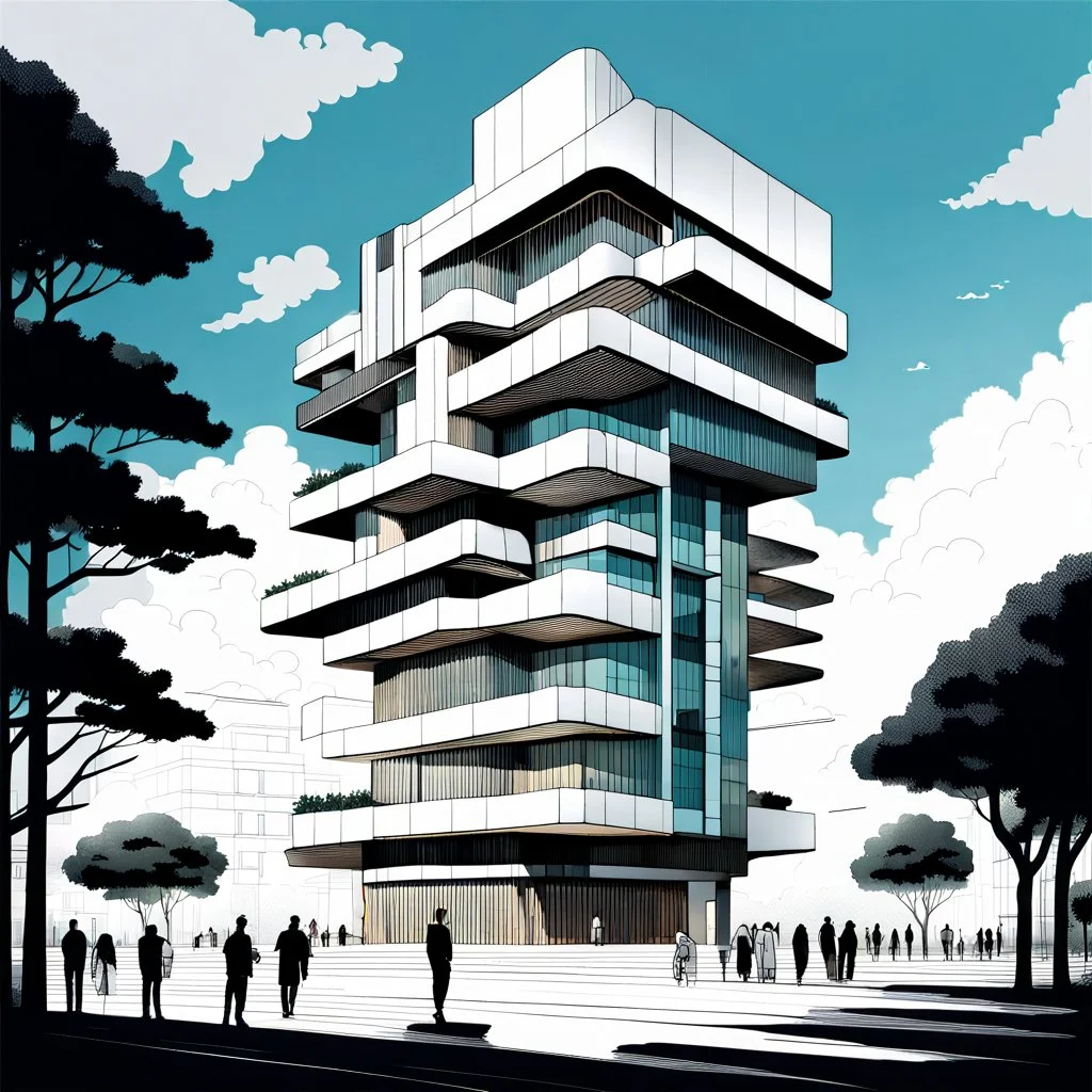 Dibujo arquitectónico de un edificio de cinco pisos, moderno, diseñado aplicando la proporción, estilo minimalista futurista, calidad ultra, gente, árboles, colores contrastantes, cielo con nubes pequeñas, maximalista