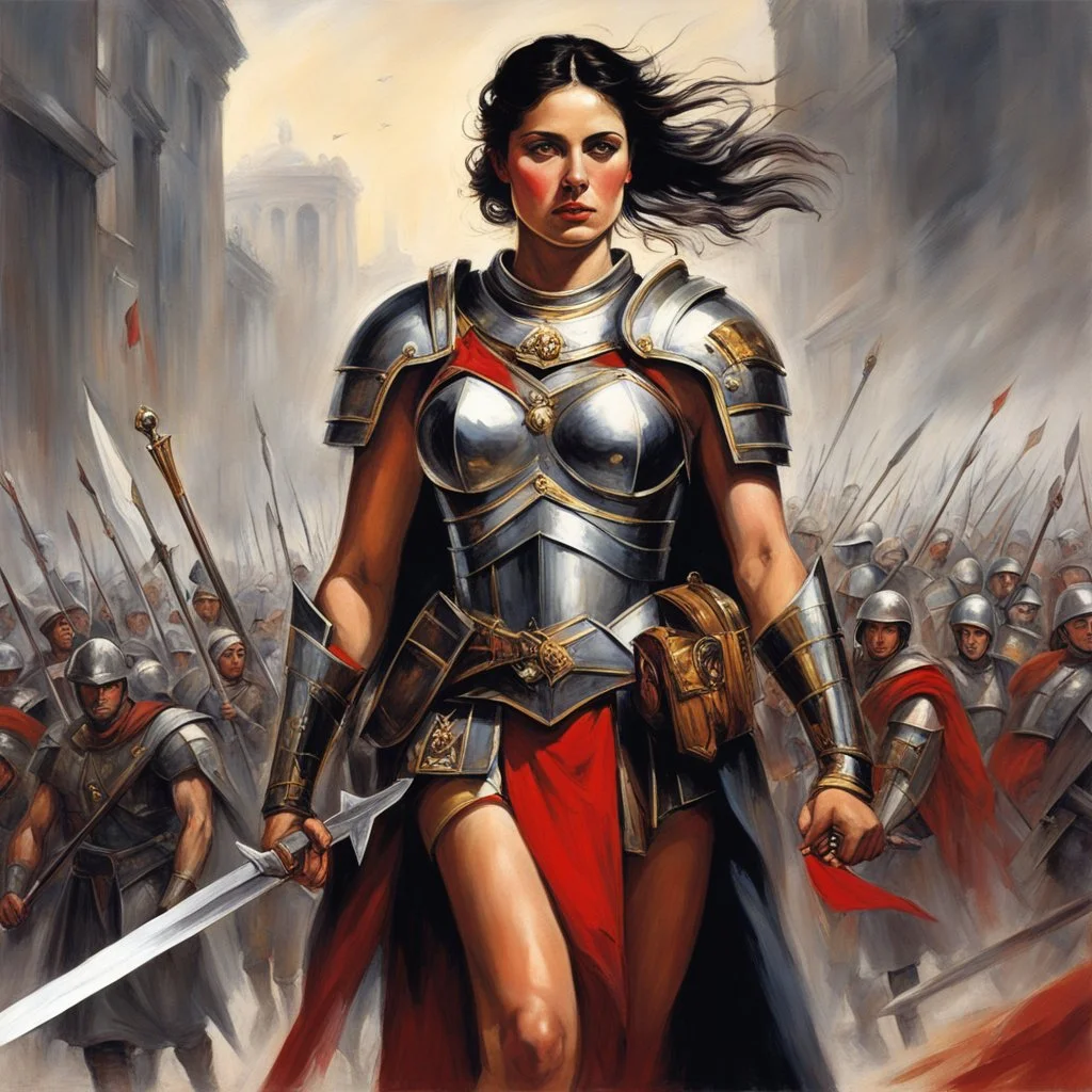 [art by Antonio Sant'Elia] In the midst of a raging war, amidst the clash of swords and the cries of the fallen, a figure stood tall. A woman unlike any other, her muscles rippled beneath her armor, a testament to her strength and resilience. She was a Roman Centurion, a warrior of unmatched skill, commanding respect from both friend and foe alike.