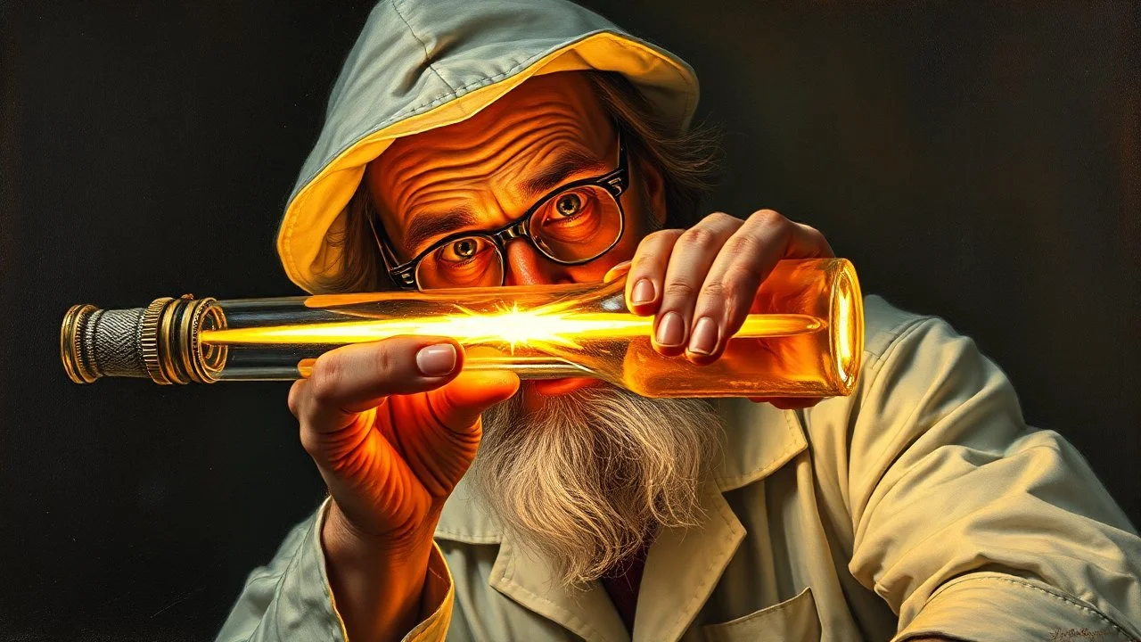 pin hole cam, master oil painting by Rembrandt, realistic rendering of crazy scientist holding a holy neon glowing super power tube gensis vial