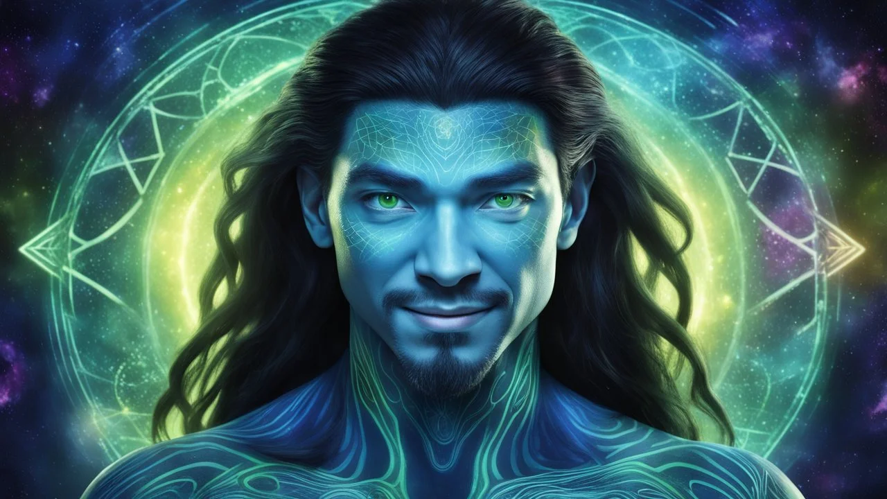 beautiful gorgeous young man na'vi with long hair, Avatar, blue skin, two small ears, green eyes, black hair, in cosmic suit, galactic ambiance, medium pointy goatee , smiling, nebulas and sacred geometry light figures on the backgroud,