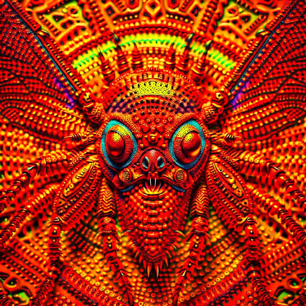 A national geographic award skin color patterned like a poisinous incect or reptile, horrorcore, science gone crazy, winning photograph of of a bat spider housefly hybrid in nature and on the hunt, 64k, reds, oranges, and yellows anatomically correct, 3d, organic surrealism, dystopian, photorealisitc, realtime, symmetrical, clean, 4 small compound eyes around two larger compound eyes, surrealism telephoto dynamic lighting 64 megapixels Unreal Engine volumetric lighting VRay