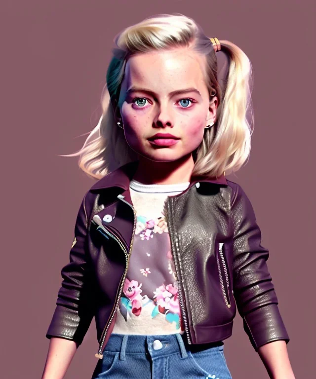 Margot Robbie toddler, full body, sneaker, leather jacket, floral shirt, soft skin, dramatic lighting, hyper realistic