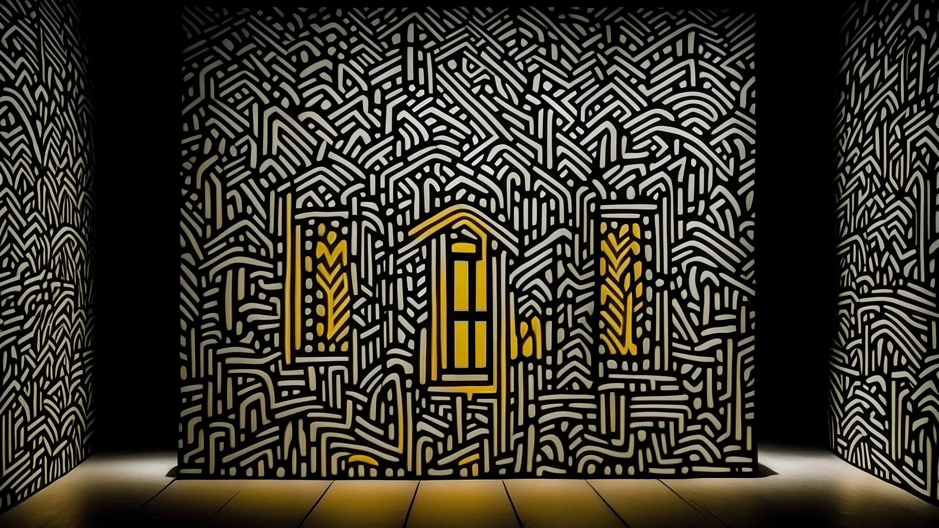 A temple with ivory colored lightning painted by Keith Haring