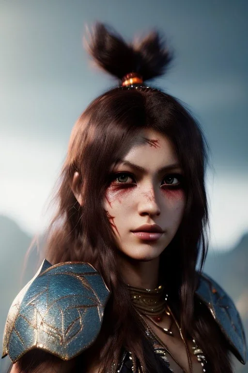Barbarian anime character, animal hide armor, physically fit, tribal tattoos, scars, washboard abs, red facepaint, red hair, dark eyeshadow, intricate eyeliner, soft round eyes, beads in hair, 8k resolution, cinematic smooth, intricate details, vibrant colors, realistic details, masterpiece, oil on canvas, smokey background