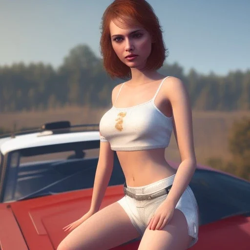 happy cute chick sitting on roof of a car portrait, wreckfest, spectacular graphics, unreal