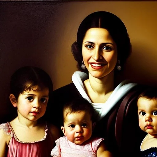 portrait of Jacobo Santiago Mozos born in 1976 and Gemma Arnau Arnau born in 1979,and daughters Eira Santiago Arnau and Dalia Santiago Arnau by Caravaggio,smiling, oil on canvas, cinematic composition, extreme detail,8k,fit full head inside picture,