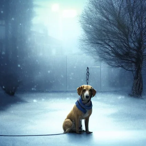 sad, scared, lonely dog tied with a short leash outside of a house, winter, 8k resolution, high-quality, fine-detail, intricate, digital art, detailed matte, volumetric lighting, illustration, 3D octane render, brian froud, howard lyon, selina french, anna dittmann, annie stokes, lisa parker, greg rutowski