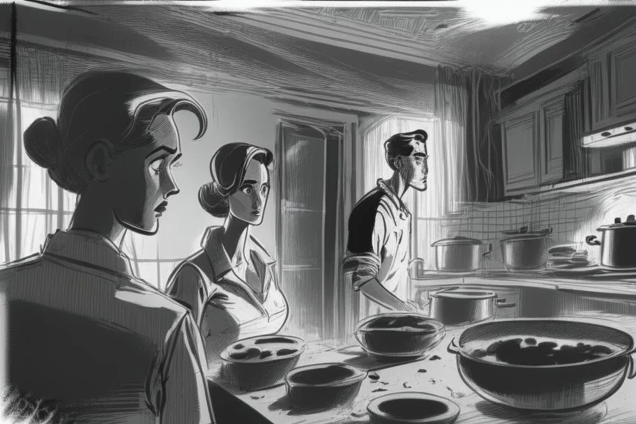 black and white storyboard, couple on foreground, we don t see them well because they are close and between them in the middle we see 3 cooks, scattered throughout the kitchen