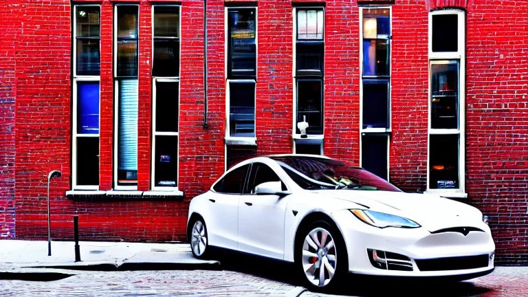 A Tesla's 'Model S Plaid' is parked, on the South Street Seaport, in New York. CINEMATIC. WIDE ANGLE LENS. PHOTO REAL.