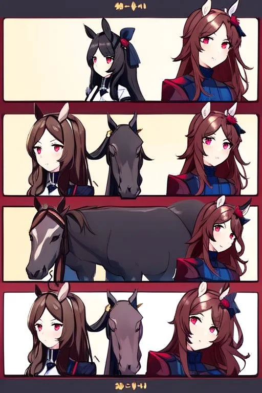 A single portrait of a woman with long brown hair and red eyes wearing competitive horse riding clothes, riding a black horse, intricately detailed, masterpiece, HD, 4k