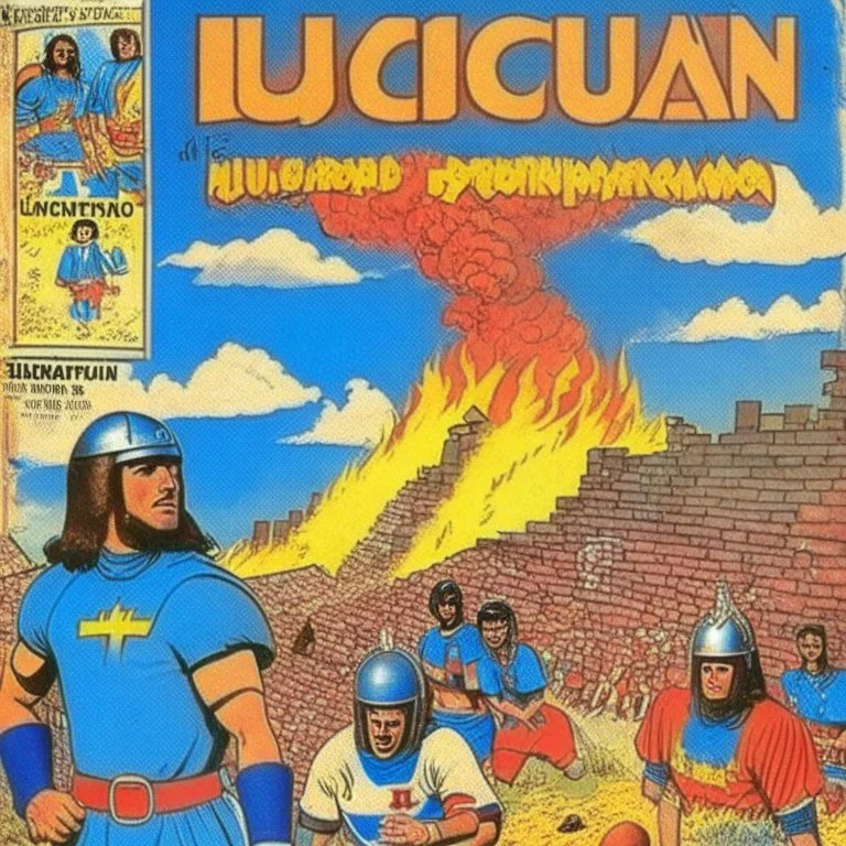 A 1980 medieval london comic cover of uruguayan sky-blue football magazine. At the street city, Monty Pyton. Magma and volcano.