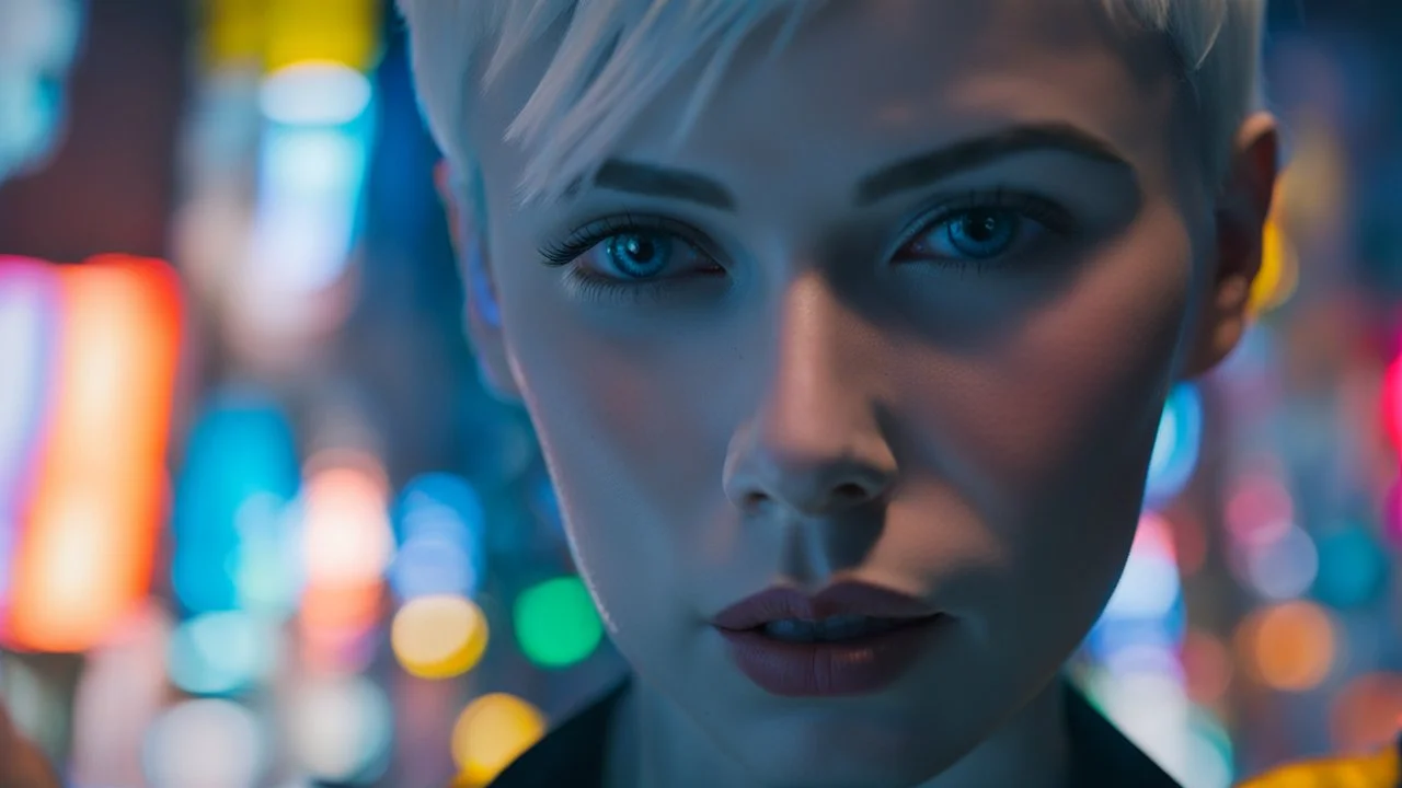 portrait of human android Anita, 25 years old female, short white hair, neat hairstyle tied back, white albino skin, shiny neon blue eyes, big eyes, very many freckles on her face, with a blue blure glowing tattoo on her neck: , nice, kind and friendly face, blur background with white-blue neon lights