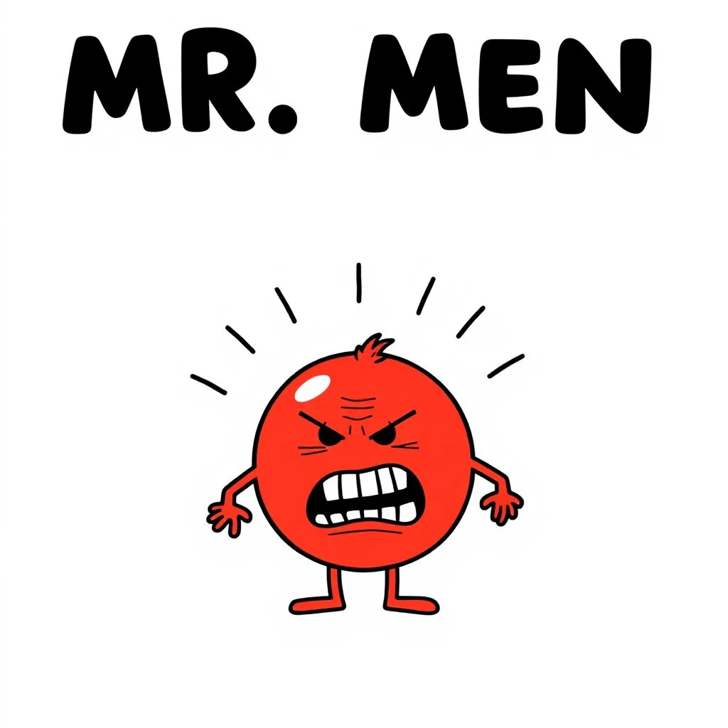 Mr. Men children's book aesthetic title text "Mr. Blister" with a simple color drawing of a whimsical anthropomorphic angry red pulsing blister sore with pain lines emanating, composition in style of Roger Hargreaves, negative white space