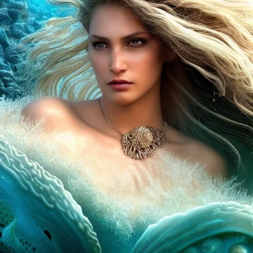 high-quality, fine-detail close-up portrait of gorgeous, stunning goddess of the ocean with turbulent waves as hair and coral reef exoskeleton, 8k resolution, 3D octane render, intricate, digital art, detailed matte, volumetric lighting, George Grie, Anne Dittman, Anne Stokes, Lisa Parker, Selina French,