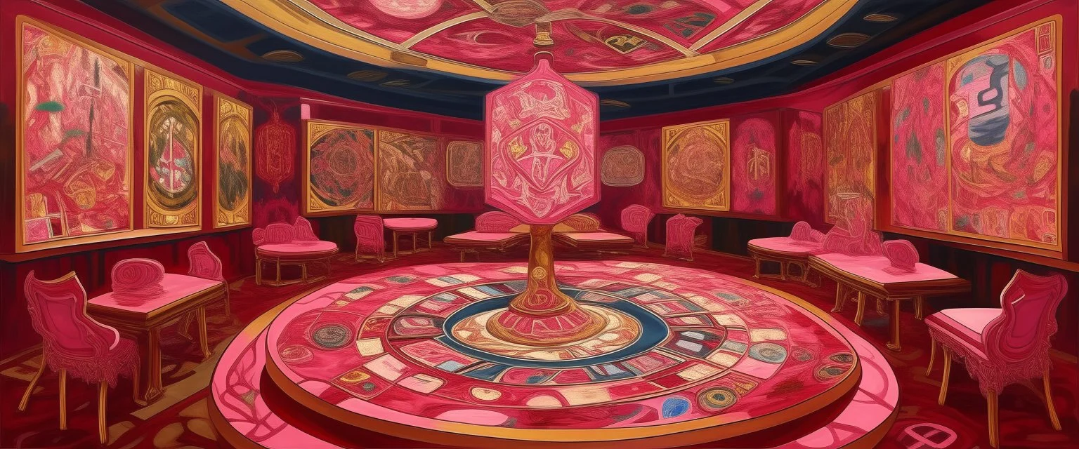 A pink magical casino with runes painted by Vincent van Gogh