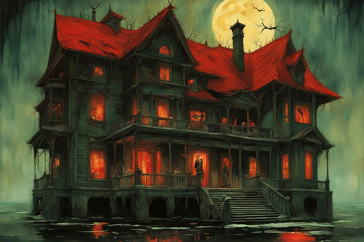 Dramatic nighttime haunted Mansion on the banks of a red lake bathed in fog, astral ghosts menacing the sky, haunted undetailed gaunt figures on the porch, by Victo Ngai, by Stephen Grammell, by Zdzislaw Beksinski, professional watercolor with dripping paint diffusion, dark colors, sinister haunted house horror art, reflective, cel-shadows, surrealism, expansive.