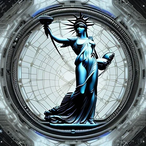 a steampunk robed Roman liberty goddess of New York, centrepiece ,10 Grenelle,biomorphic,structure,esoteric staircase,bioluminescence,New York, interior design, Les Echos, NY liberty statue, LVMH, media division, minimalist, Ellis island environment, parametric sculpture, Liberty Statue of New York , refined details, masterpiece of Ora Ito