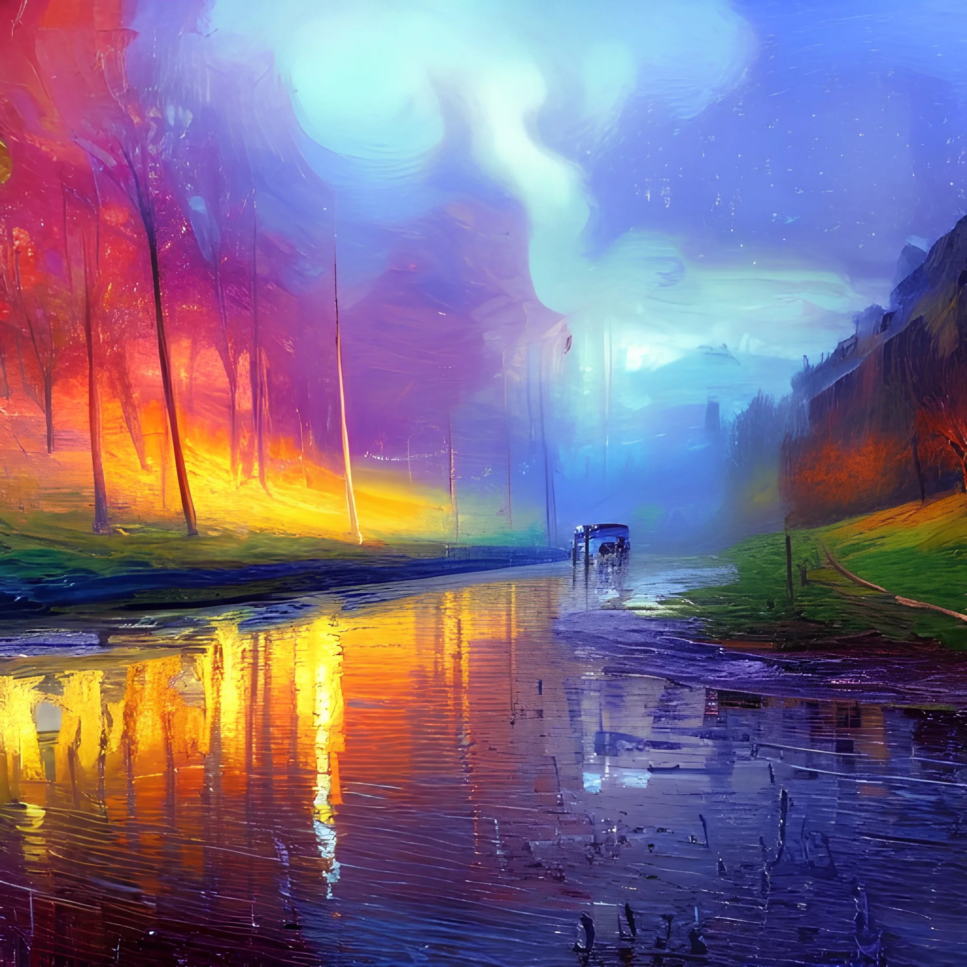 An impressionist oil painting, autun landscape in rain ,water,loose brushstrokes, broken colors, complementary colors,super detailed, oil painting, heavy strokes, paint dripping, painted, intricate, volumetric lighting, beautiful, rich deep colors masterpiece, sharp focus, ultra detailed, in the style of dan mumford and marc simonetti, astrophotography.