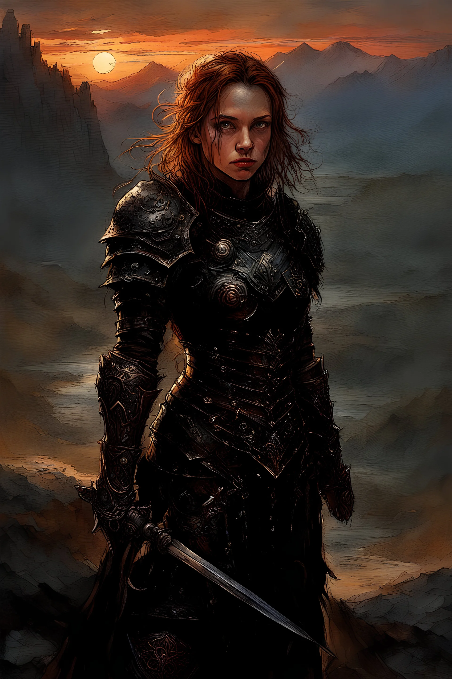 A formidable warrior girl in black armor, on the background Amazing gloomy landscape, flooded with sunset, mountains, trees, fabulous scary hero, , juicy emotions, painting, dark fantasy, gloomy day, dark world, portrait, Gothic Town At Night, Fantasy, Intricate Details, Castle Courtyard Gardens, Hyper Detailed, Jean Baptiste Monge, Carne Griffiths, Michael Garmash, Seb Mckinnon, Masterpiece