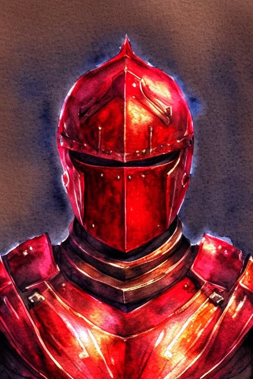 dnd, fantasy, watercolour, illustration, portrait, red phantom, knight, red plate armour, all red, transparent, veins of golden light in the armour