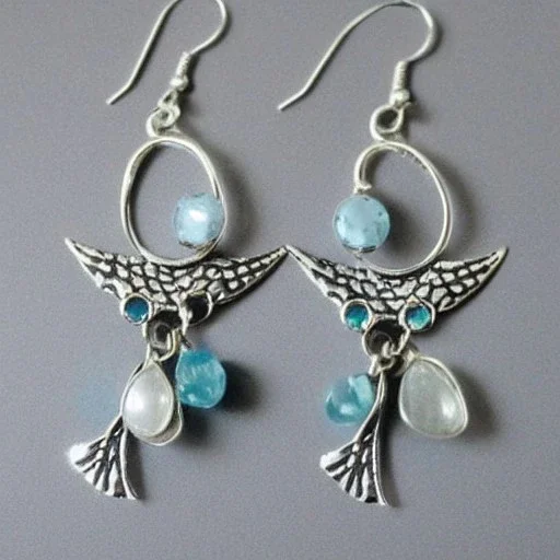 earring, jewlery, silver, crescent moon, aquamarine, a bird, spread wings