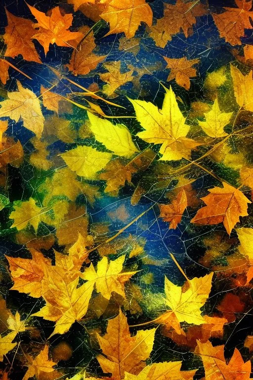 Beautiful abstract chaotic background wallpaper with autumn leaves, glass, reflections, smoke and stormy clouds, abstract and combined together, chaos and makes no sense