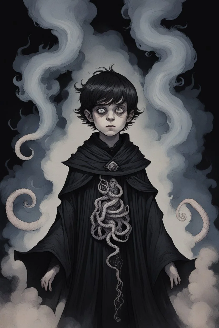 7 year old boy, necromancer, friendly, with tentacle coming out of his stomach, surrounded by weird smoke with eyes, wearing black robes, in the style of Harry Clarke