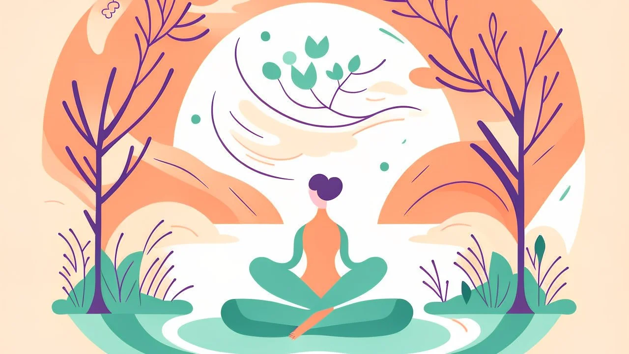 Create a serene flat design illustration for a yoga and well-being website. Use a soothing color palette and depict a tranquil yoga scene with a yogi in yoga positions surrounded by nature.