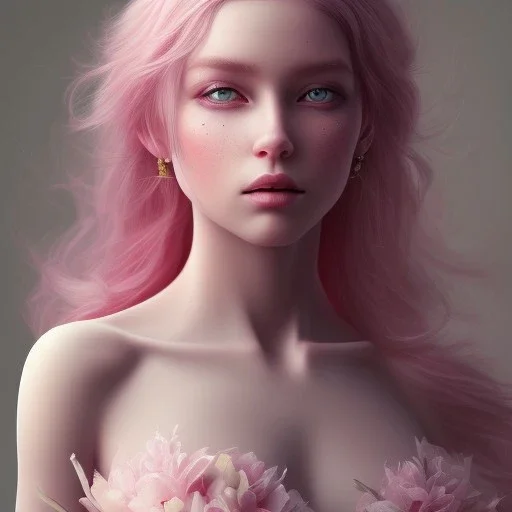 fairy, pink, pink, beautiful, hyperrealism, masterpiece, expert, cinematic lighting, sharp focus, 8K, pastel, macro lens, woman, detailed, flower