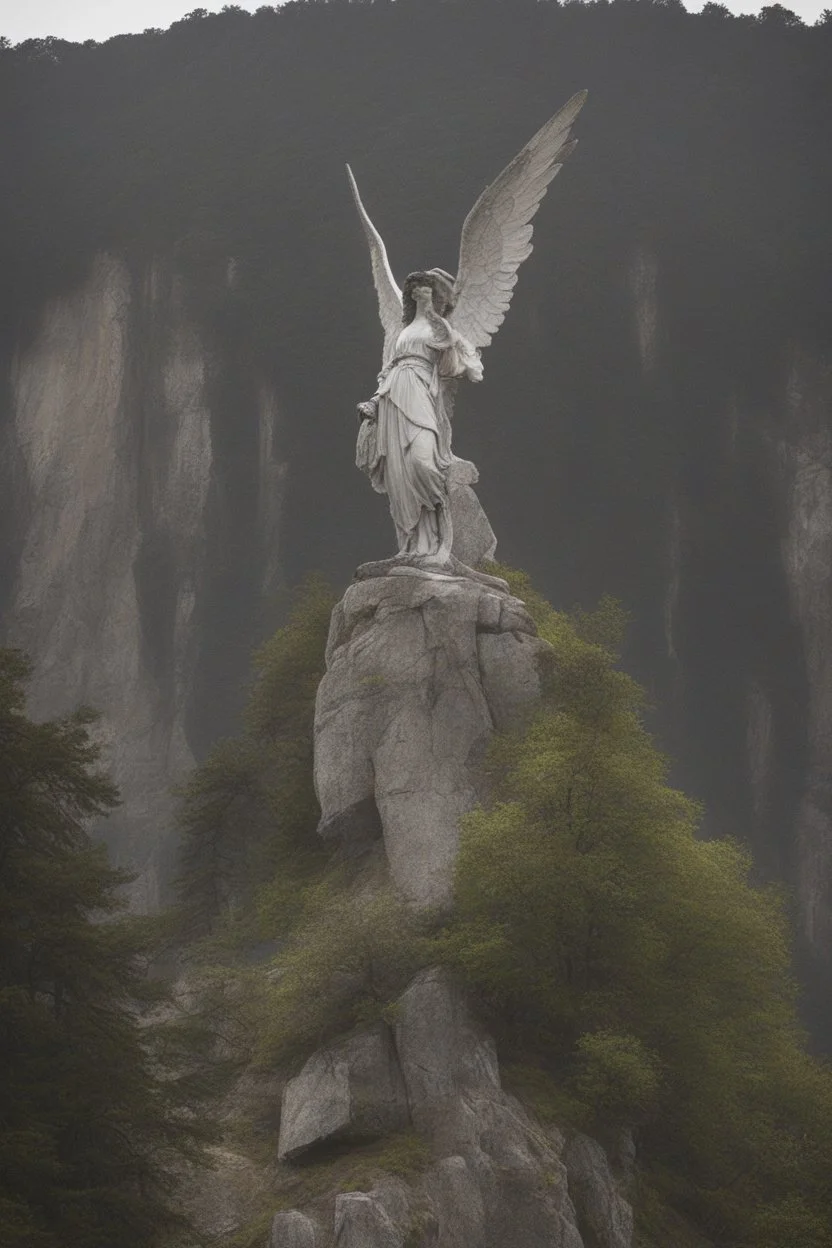 A large statue on a cliff of a crying angel