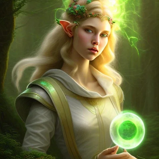 romantic fantasy spray painting, portrait of cute green eyed blonde robed elf poet with halo sitting in huge marble , bubbles, loosing torch in magical forest, foliage frame, magic wand