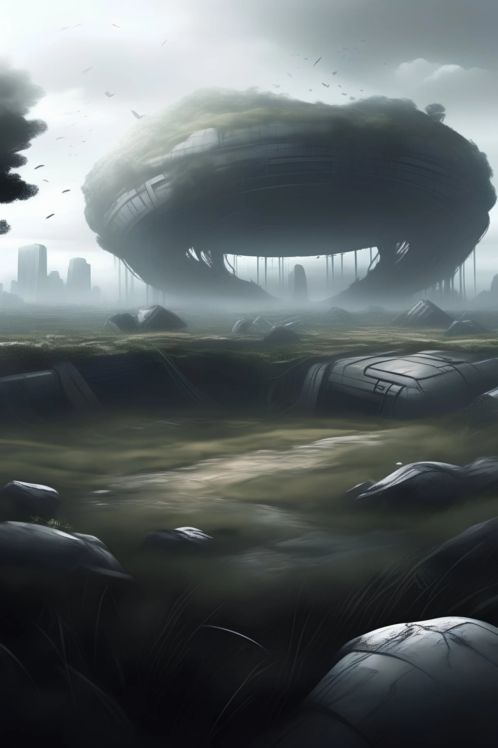 Giant sci fi grey tech hole on the ground, overgrown apocalyptic city ,comic art
