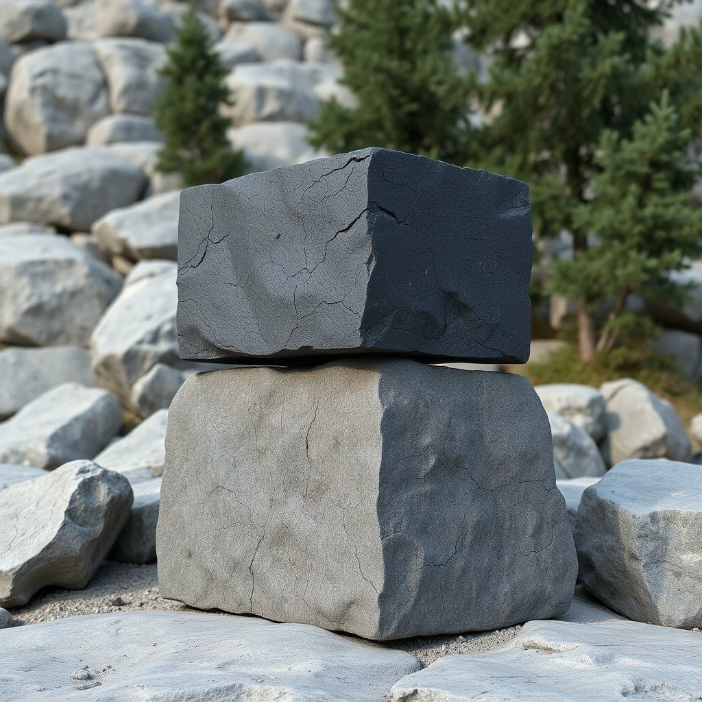 Un'immagine di un paesaggio naturale con strutture a parallelepipedo di roccia nera appoggiate le une sulle altre. Colori tenui, grigio-marrone. Contrasto tra il naturale e l'artificiale. Pannello di metallo riflettente. Venature e solchi. La scena trasmette un senso di dialogo tra elementi organici. Dettagli delle rocce molto accentuati. Alberi