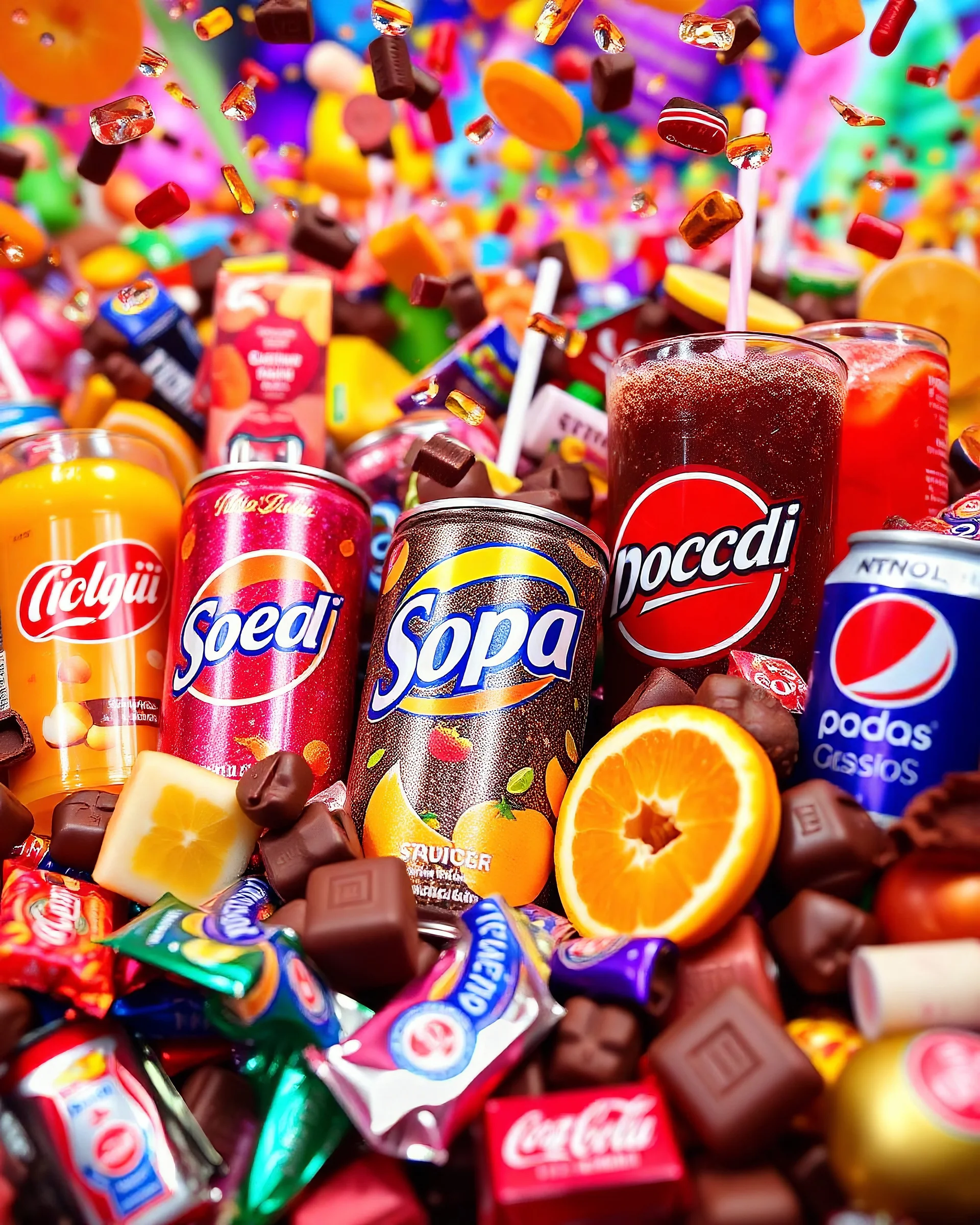 An image filled with soda, chocolate, fruit juice, fruit pieces, and all kinds of chocolates from global brands in a psychedelic, colorful, and eye-catching atmosphere.