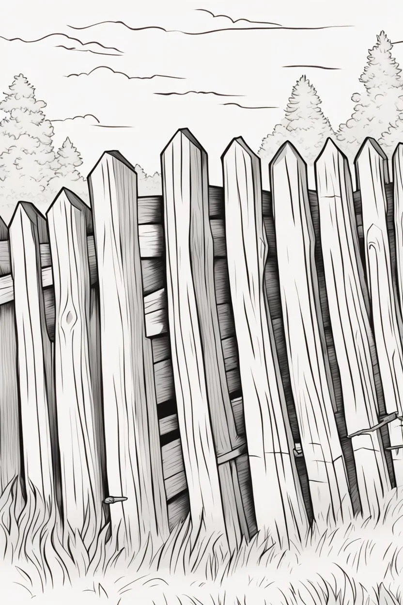 coloring page, rail fence, cartoon style, thick lines, low detail, no shading