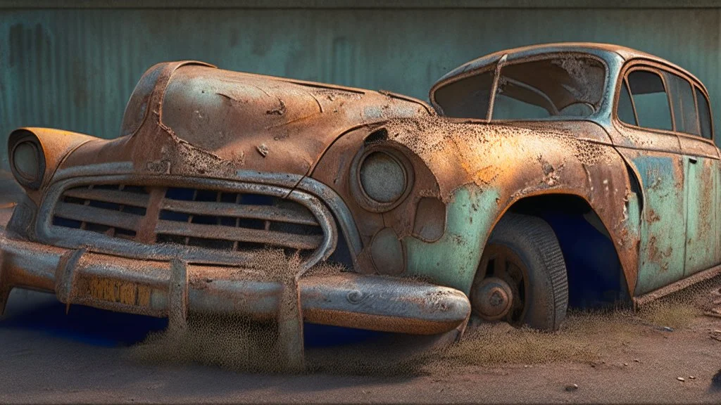 A photorealistic image of a rusted vintage car, with a focus on the intricate details of its faded paint job, the wear and tear on the tires, and the aged textures of the metal body. Use the multi-prompt "car::photorealistic::rust" with a prompt weighting of "rust" to emphasize the aged textures and worn out look of the car. --ar 7:4